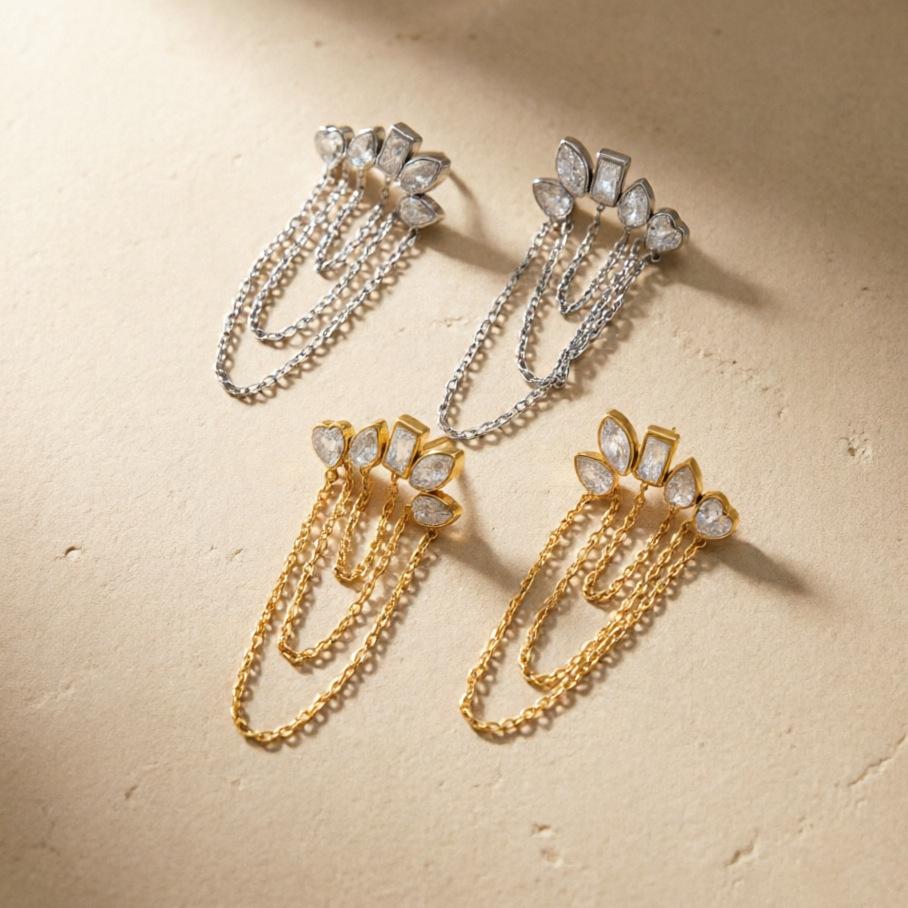 Stainless Steel Mixed Cut CZ Chain Tassel Earrings 18K Gold Plated Heart Teardrop Baguette CZ Statement Dangle Earrings