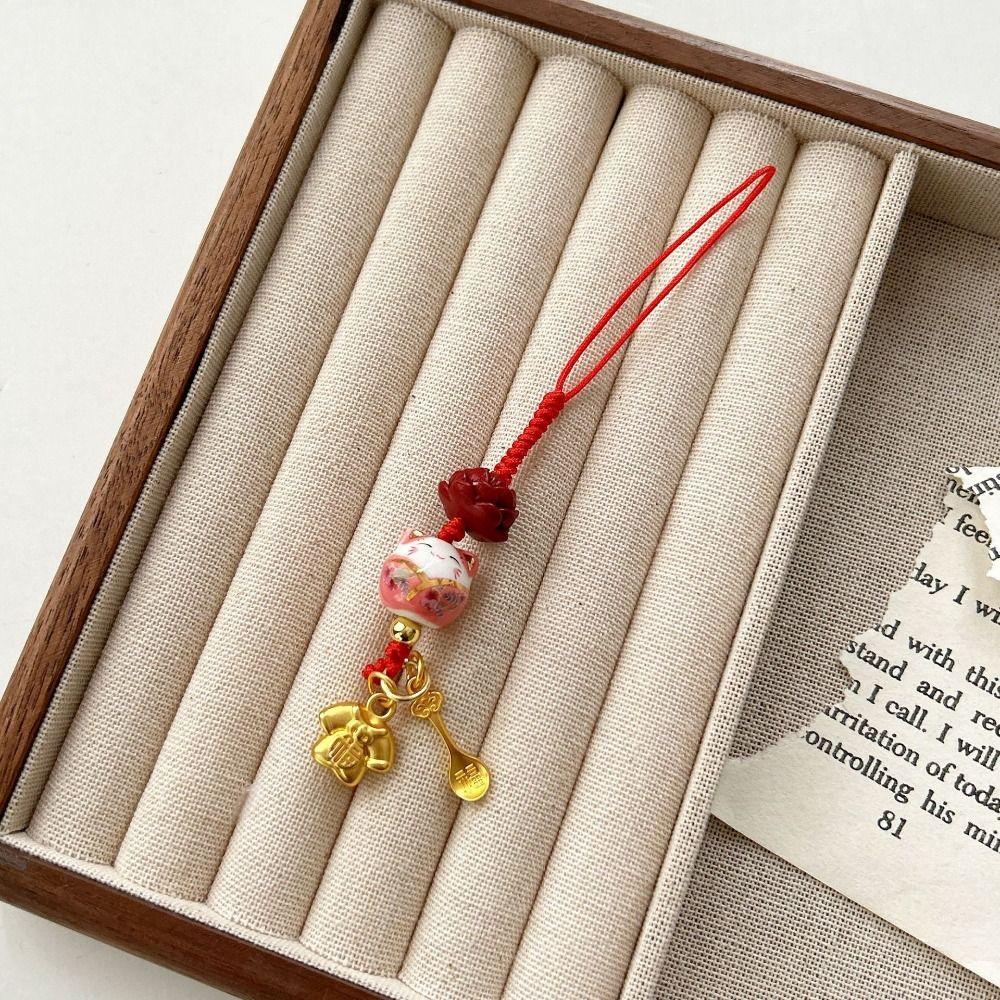 Cartoon Maneki Neko Key Chain Ceramic Lucky Cat Phone Strap Lucky Cat Mobile Phone Pendant Women