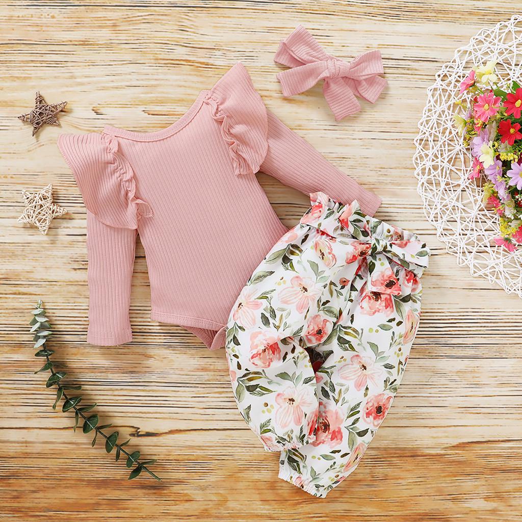 Toddler Baby Girls Long Sleeve Ruffles Romper Bodysuit+Floral Pants Outfits