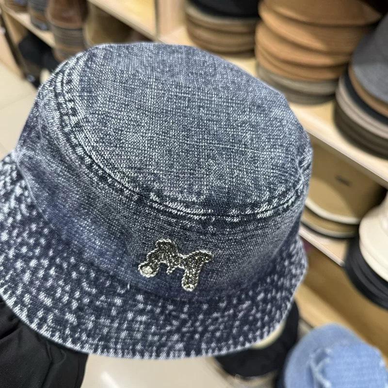 Tide brand heavy industry rhinestone M letter washed denim fisherman hat children spring and summer sunshade thin leisure basin hat versatile