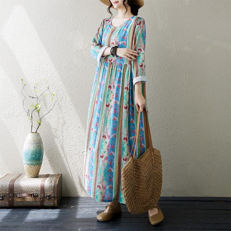 Осеннее литературное платье больших размеров из хлопка и льна с принтом, круглым вырезом и длинными рукавами для женщин, платья