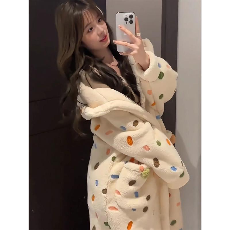Danmo Dot Robe для женщин, ночная рубашка, зимняя ночная одежда, теплая флисовая пижама, цельная ночная рубашка с капюшоном и длинными рукавами, домашняя одежда