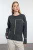 Women's Fashionable Stylish Sweater Ecru Soft Textured Color Block Crew Neck Knitwear Sweater