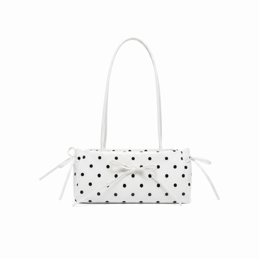 Elegant PU Bow Shoulder Bag Glossy Finish Slim Rectangular Handbag Polka Dot Underarm Bag Commute