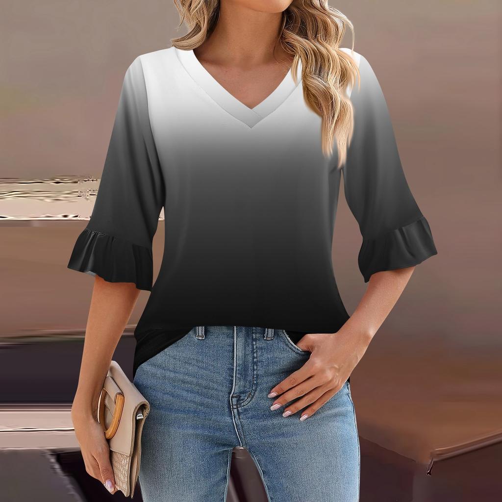 Женский повседневный топ с рукавами 3/4, летняя футболка с v-образным вырезом и пышными рукавами