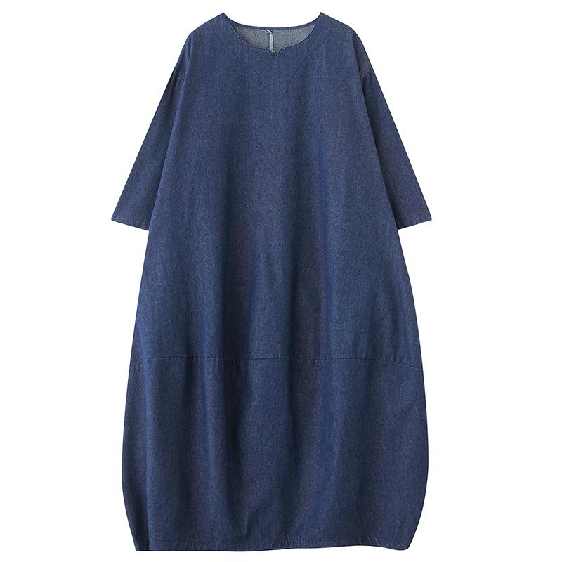 Dimanaf Женское 2025 Новое Весеннее Платье Большого Размера Джинсовое Длинное Рукавное Синее Платье Свободные Базовые Платья Винтаж