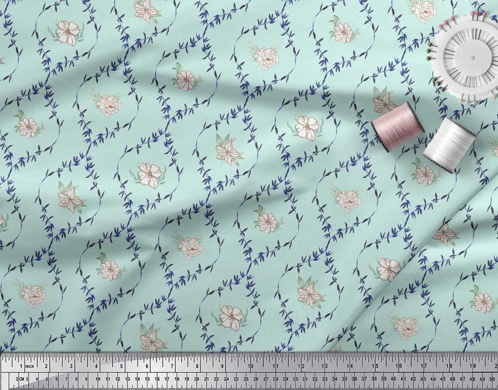 Soimoi Blue Poly Crepe Fabric Azalea & Peony Damask Print Fabric by the metre 42 Inch