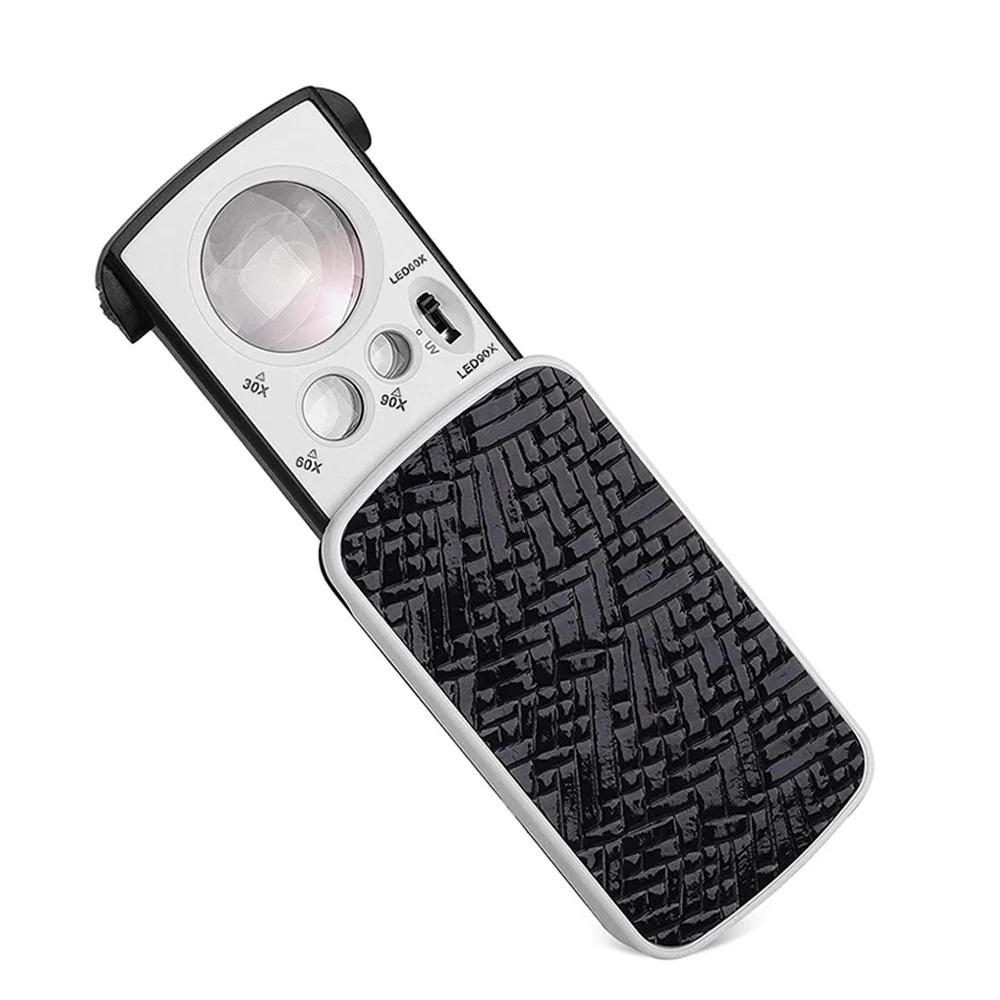Jewelry Loupe Magnifier With LED UV Light 30X 60X 90X Jewelers Eye Magnifying Glass Fold For Gems Stamps Coins Watches Antiques