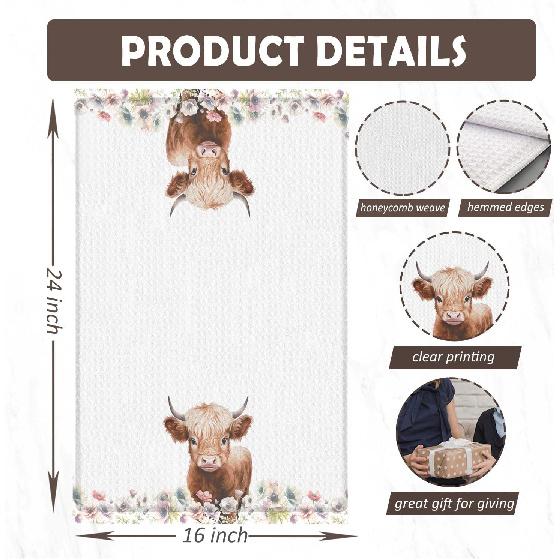 Floral Highland Cow Kitchen Towels, Cow Lovers Gifts for Women Dish Tea Towels for Kitchen Decor, Farmhouse Flower Highland Cattle Decorative Hand