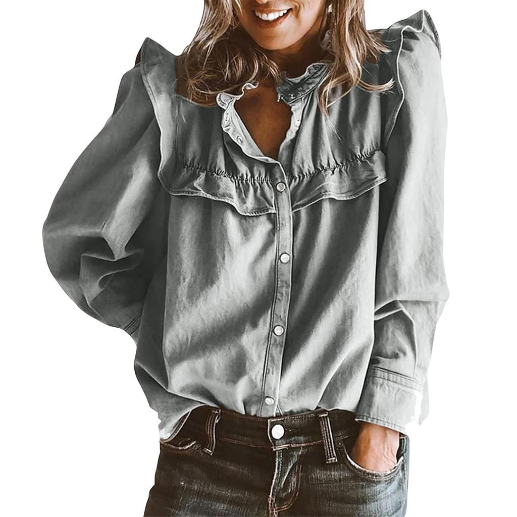 Women's Loose-fitting And Casual Long-sleeved Solid-color Denim Shirt