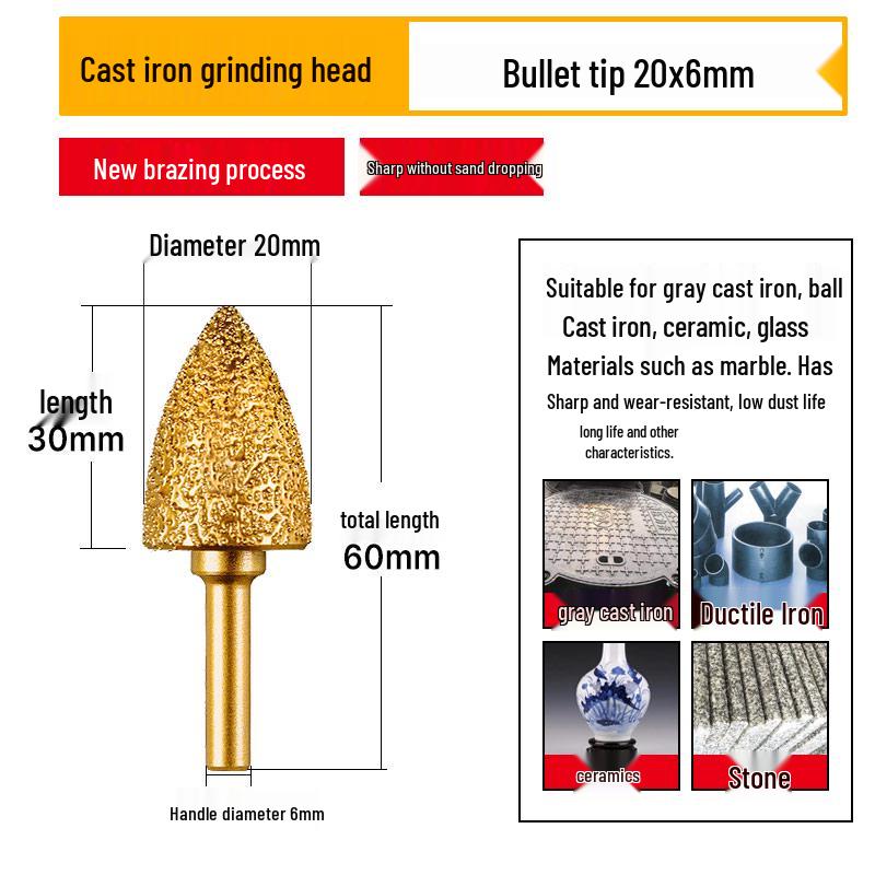 Diamond Brazed Carbide Grinding Head for Ductile Iron & Stone, Compatible with Electric Drills