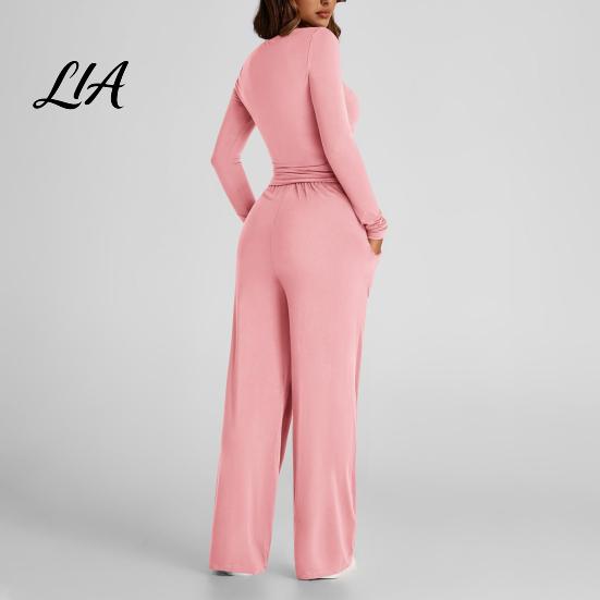 Breathable Matching Sets Women Top Pants Set for Spring Fall, Slim Fit Crewneck Sweatshirt, Everyday Wear Suit Elastic Waist Loose Wide