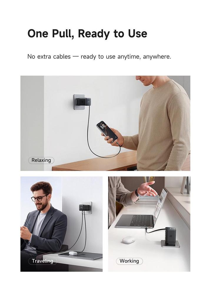 Mai Duo Duo MDD FreeGo 100 Вт GaN USB-C Выдвижной Кабель Быстрое Зарядное Устройство 3C1A