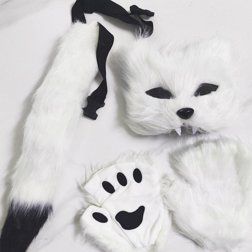 Fox Costume Set Cosplay Halloween Costume Plush Masque Fluffy Paw Gloves Halloween Party Accessories Faux Fur Fox Tail Set