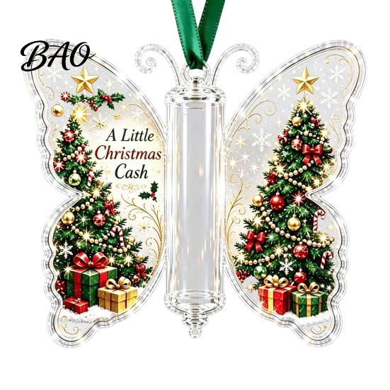 Holiday Party Hanging Decor Butterfly Cash Gift Ornament, Christmas Money Holder with Acrylic Festive Print, Tree Pendant for Surprise Giving,