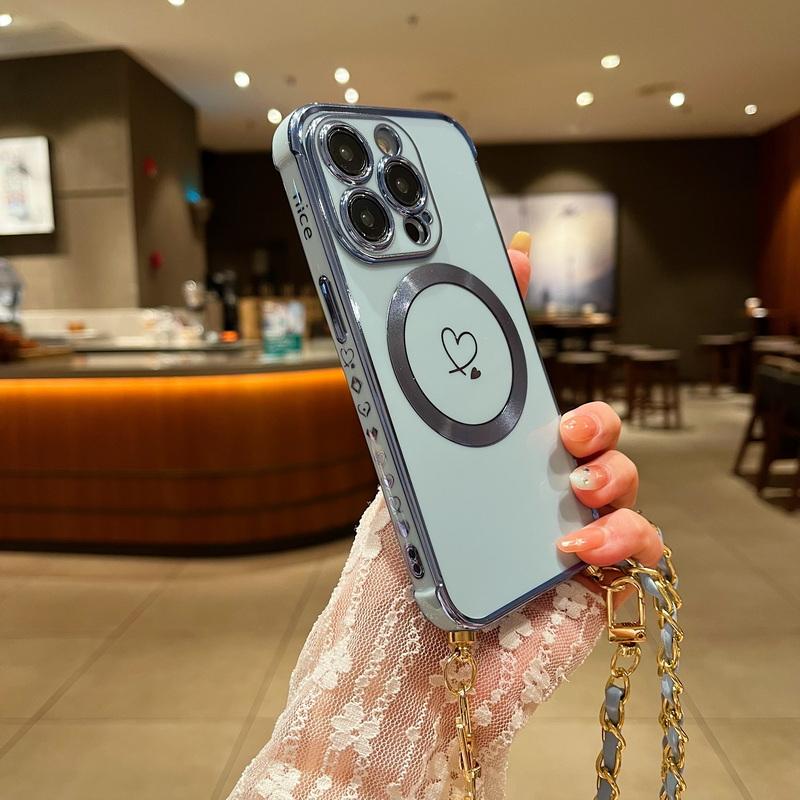 Для iPhone 17 16 Pro 15 14 Pro Max 13 Samsung S25 S24 Ultra S23 FE S22 S21 Чехол с гальваническим покрытием в виде сердца любви Для Magsafe Магнитный чехол для телефона с веревкой через плечо