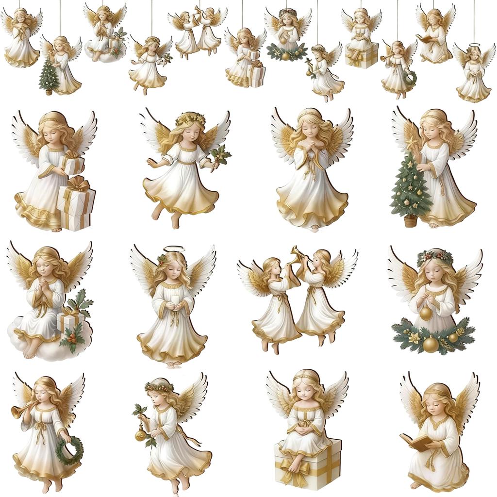 12/24/36-piece Victoria Angel Wooden Ornament Set,2D Flat Wooden Angel Pendant,Christmas Holiday Home Window Decoration