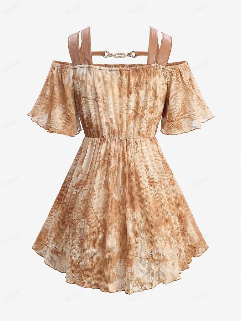 Rosegal Plus Size Tie Dye Leaf Print Chain Panel PU Leafther Strapy Lace Up Corset 2 In 1 Open Shoulder Plisse Blouse