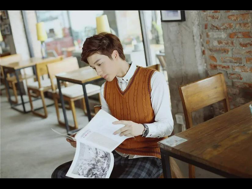 Мужской тонкий трикотажный шерстяной жилет с V-образным вырезом - модный корейский свитер без рукавов