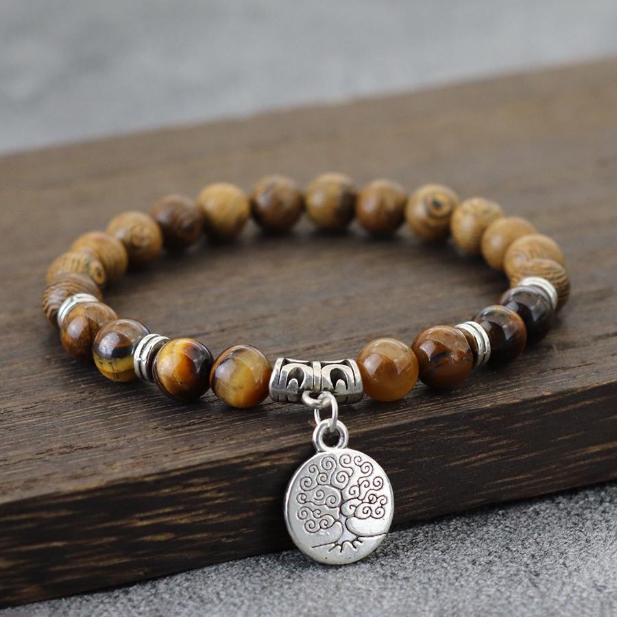 8mm Handmade Natural Stone and Wood Bracelet Lava Stone Men Brazelet Ethnic Style Tree of Life Turquoise Braslet Yoga Jewelry