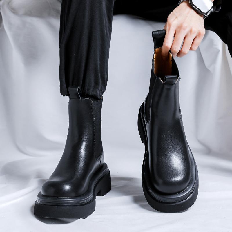 FashionAutumn Winter Leather Chelsea Boots for Men Slip On Platform Shoes Men Casual Plush Warm Ankle Boots Thick Sole Motorcycle Boots