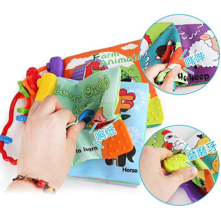 Книга из ткани для раннего развития детей с образовательным английским языком, познанием животных, звуковой бумагой, детская ладошковая книга с зубным гелем