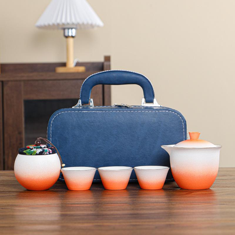 Coarse pottery gradual change glaze outdoor camping express travel tea set convenient kung fu tea set teapot tea cup gift box