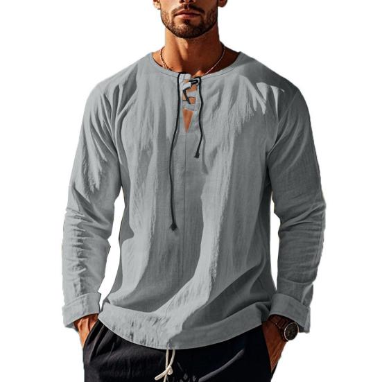 Мужская хлопковая рубашка с V-образным вырезом, длинный рукав, свободная футболка, однотонная летняя футболка