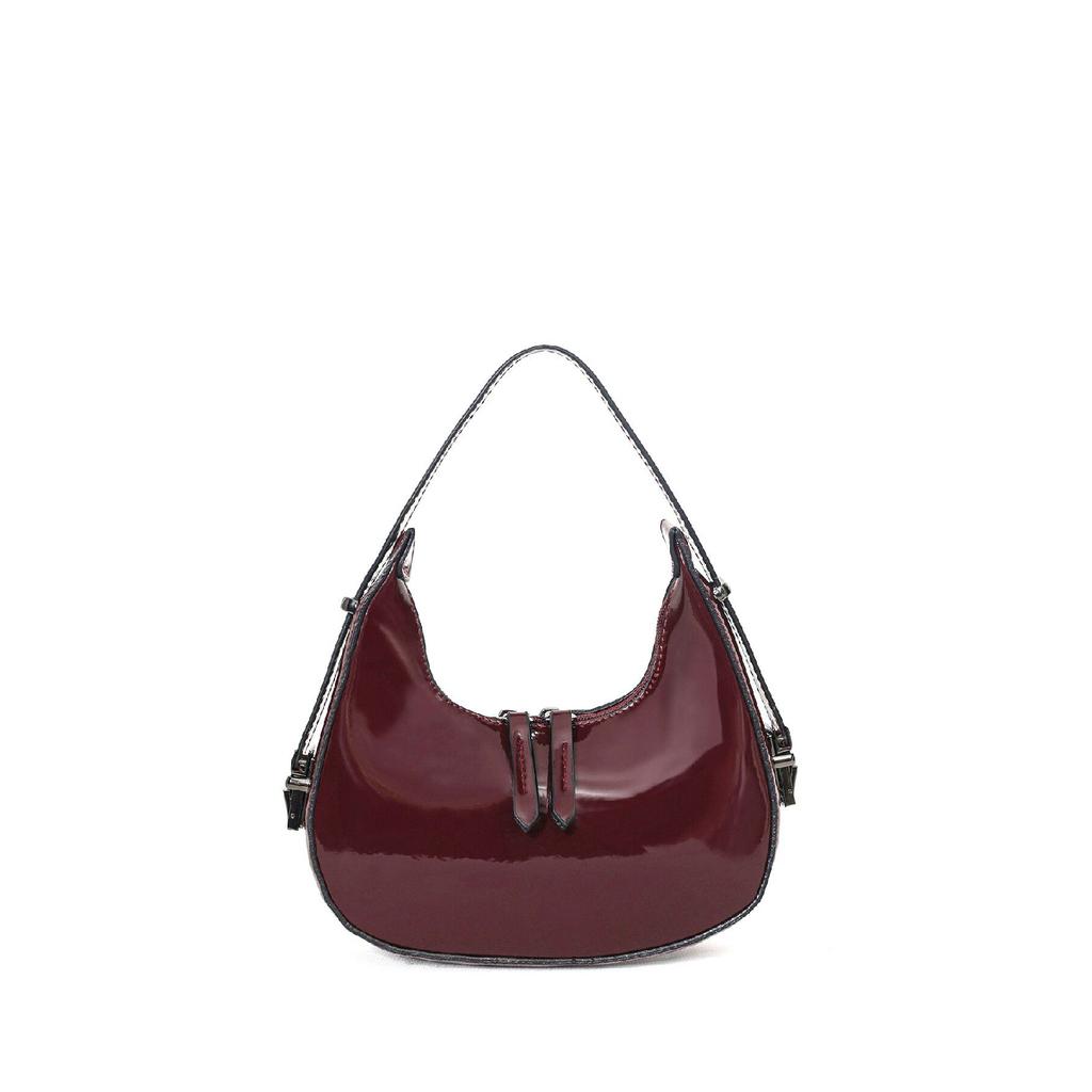 Женская бордово-красная сумка на плечо из лакированной кожи с детальным ремешком