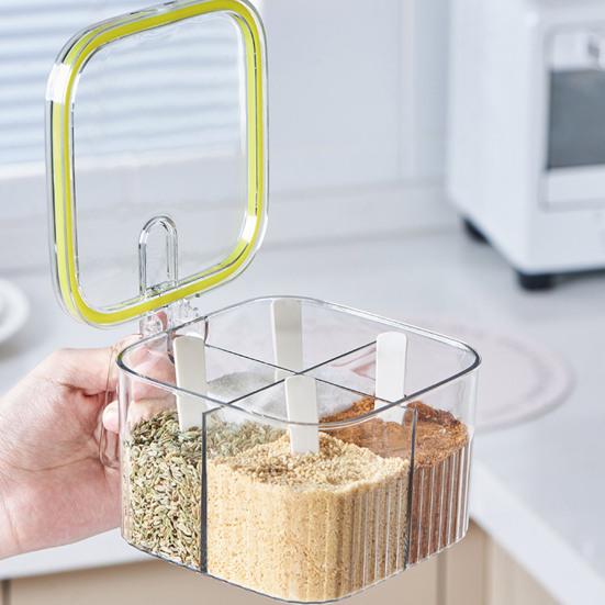 1 комплект, коробка для приправ, 4 отделения, контейнер для специй, приправ с ложкой, многофункциональная коробка для хранения для домашней кухни