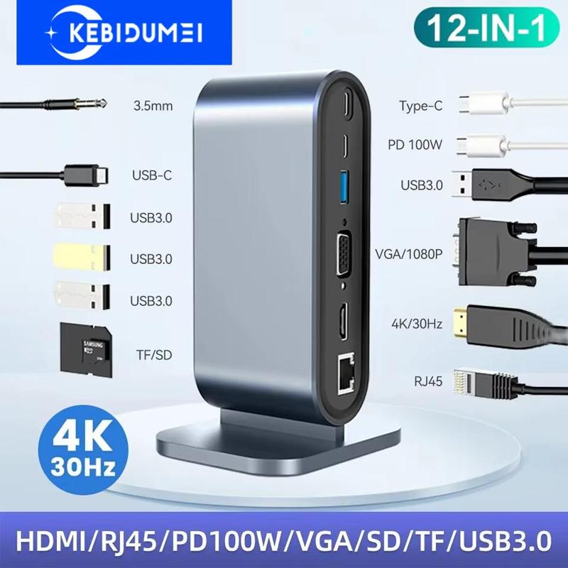 12 в 1 Тип C Многофункциональная док-станция USB C HUB to Multi 4KHD RJ45 VGA 4 USB 3.0 100 Вт PD Адаптер питания Док-станция для ноутбука Hub