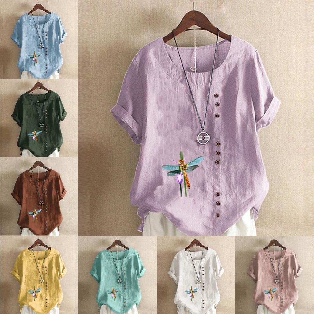 Women's Fashion Round Neck Short Sleeve T-shirt Casual Cotton Linen Graphic Shirt Leisure Loose Dragonfly Prined Summer Blouse Tops