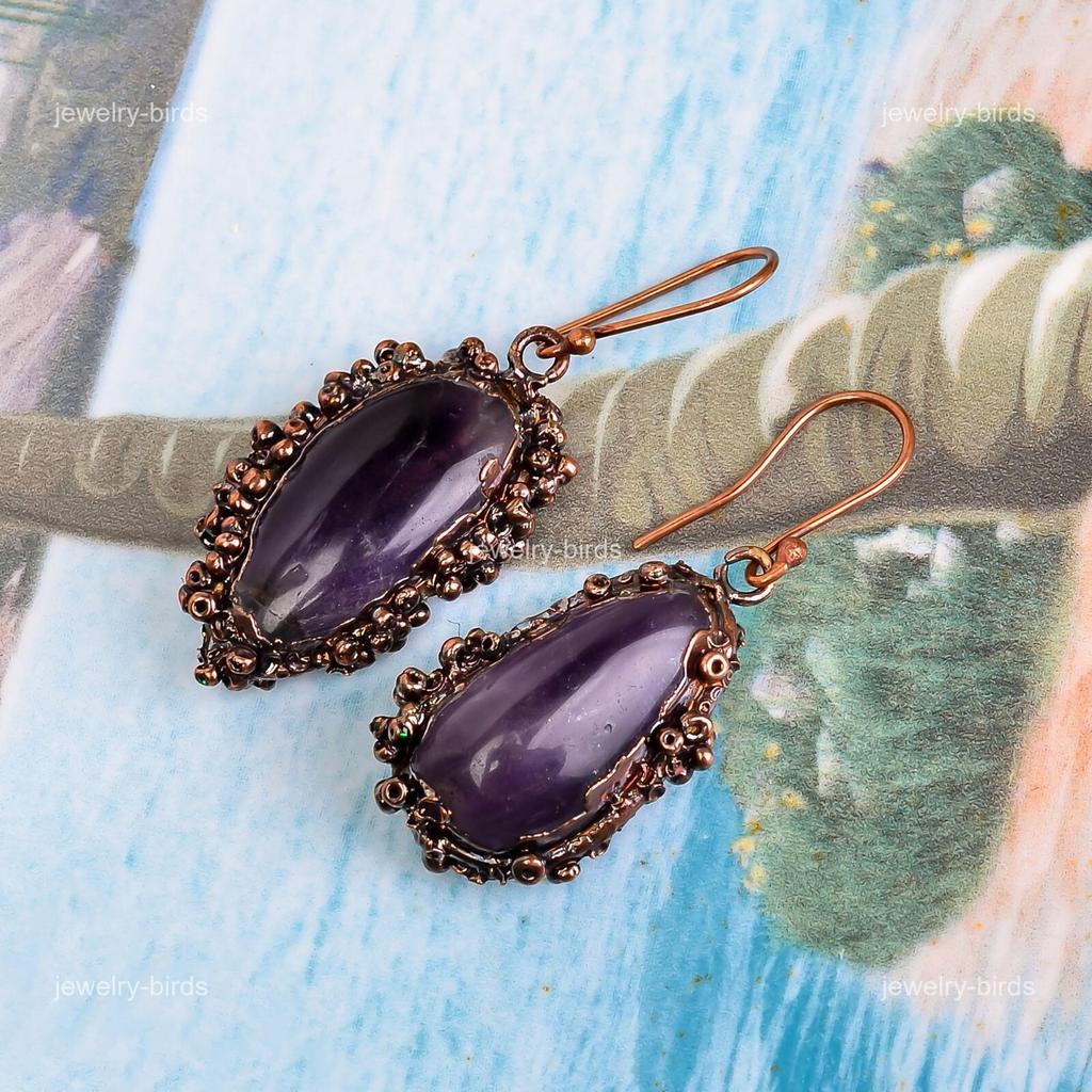 Аметистовый Камень Крючок Бохо Подвески Серьги Электроформованные Медь V-111