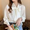 Brand Women White and Blue Blouse Stand Bow Casual Spring Autumn Tops Button Long Sleeve Chiffon Shirts Blusas Femme Loose Shirts