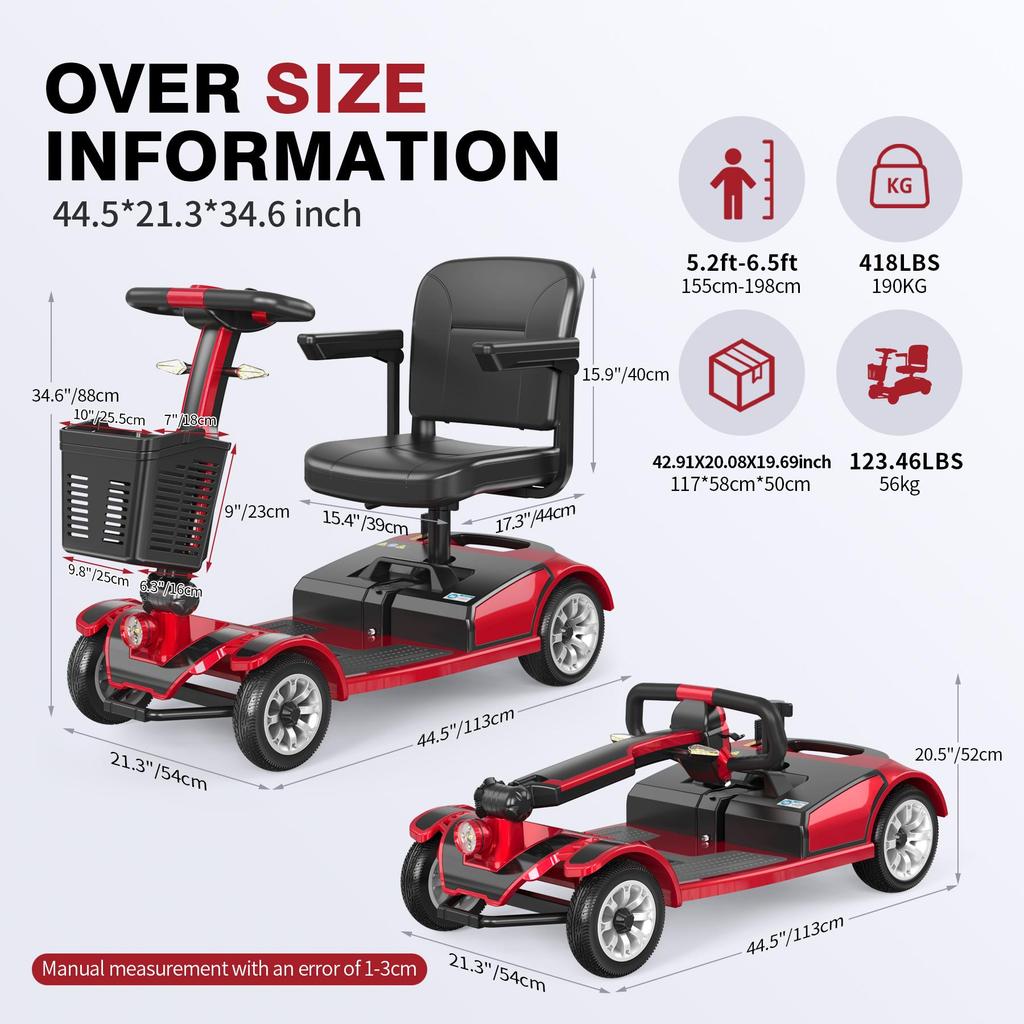 24V 300W Electric Mobility Scooter for Adults – Foldable 4-Wheel Power Scooter, 35KM Range, 190KG Load, Magnetic Brake, 15° Climb