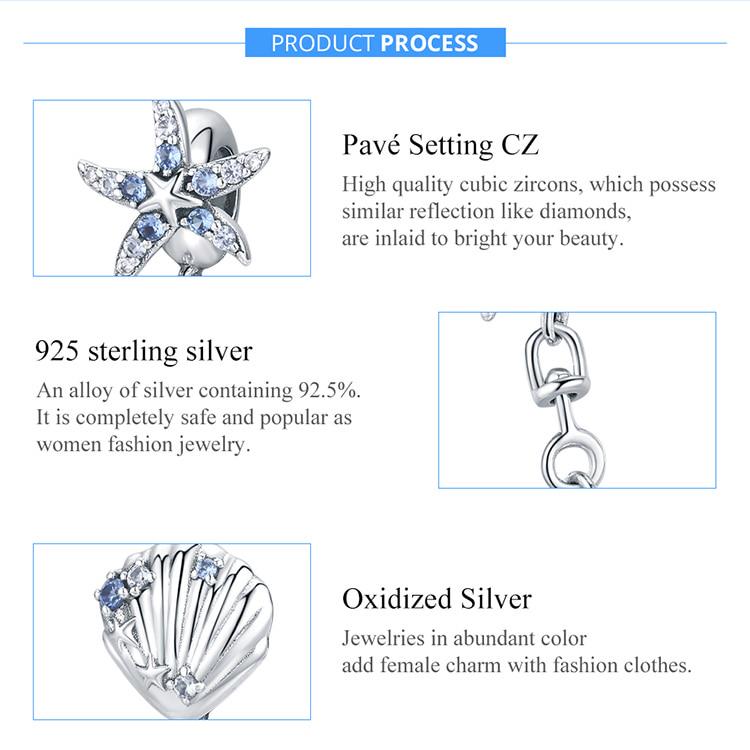 WOSTU Starfish Stopper Charms 925 Sterling Silver Tropical Starfish & Shell Safety Chain Charms