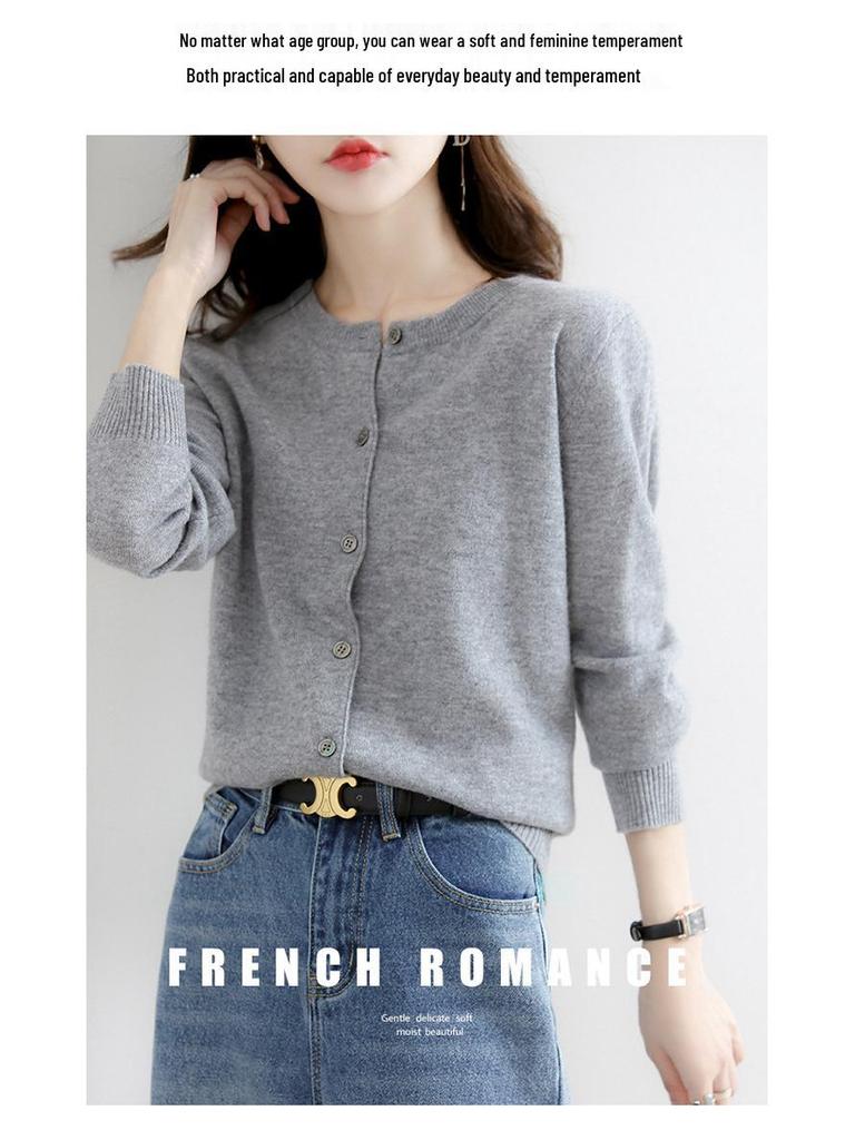 Женский универсальный кардиган свободного кроя на весну/осень 2025 года - Модный однотонный с круглым вырезом