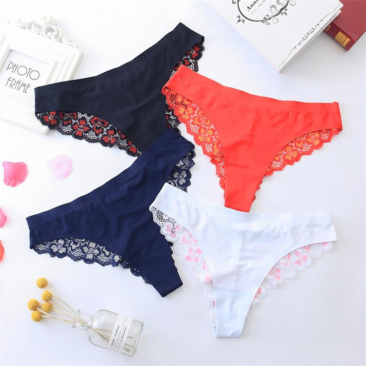 Sexy Printed Panties Women Lace Low-Rise Briefs Breathable Embroidered Underwear Transparent Thong