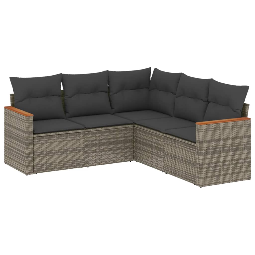 5 Piece Garden Sofa Set with Cushions Gray Poly Rattan