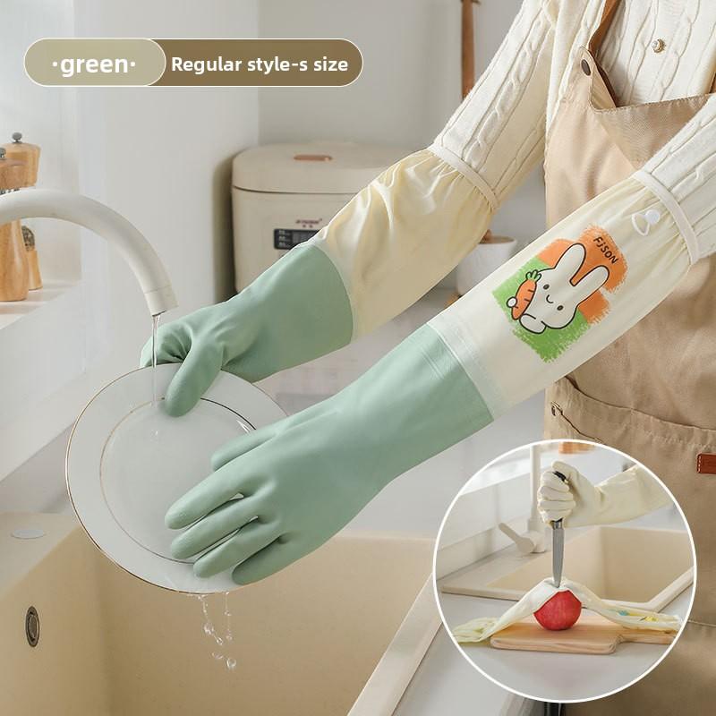 Waterproof Dishwashing Gloves, Thick Rubber Latex for Washing Vegetables, Long-sleeved, Durable, for Scrubbing Dishes, with Fleece Padding