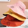 Polyester-cotton Large Brim Fisherman Hat for Women, Spring, Summer and Autumn, Sun Protection Visor, Double-sided Embroidered Smiley Basin Hat