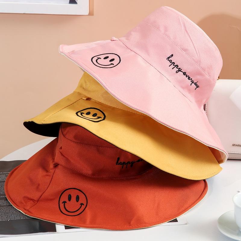 Polyester-cotton Large Brim Fisherman Hat for Women, Spring, Summer and Autumn, Sun Protection Visor, Double-sided Embroidered Smiley Basin Hat