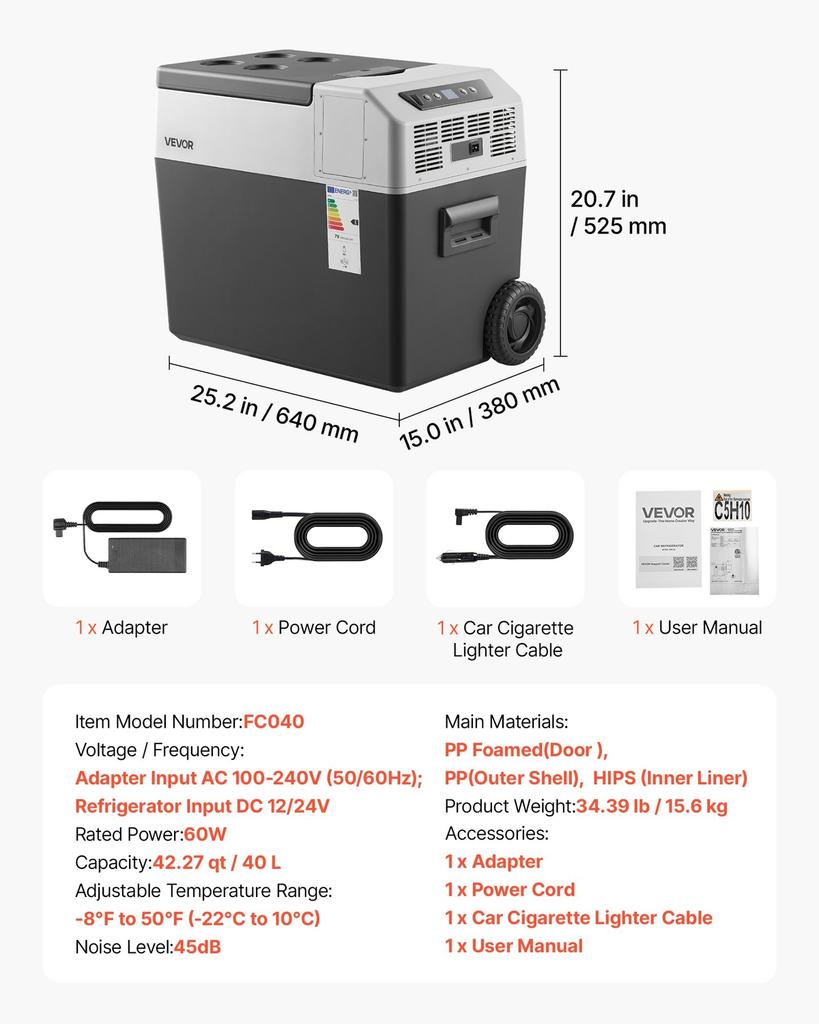 12 Volt Refrigerator, 42.3 QT/ 40L Car Fridge, Portable Electric Freezer Compressor with Handle, APP Control and Wheels, 12V/24V DC 100-240V AC, -22