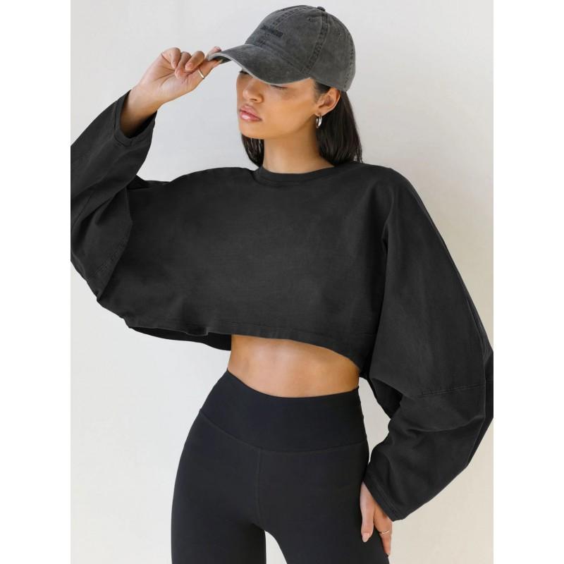 Womens Cropped Crew Neck Sweatshirt Loose Long Sleeve Athletic Top Workout Running