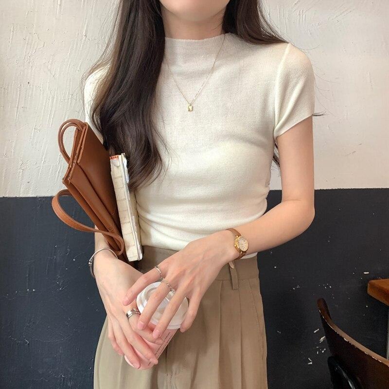 Летние плиссированные трикотажные женские блузки с коротким рукавом, тонкая повседневная рубашка, женские модные однотонные укороченные топы, женская одежда 25243