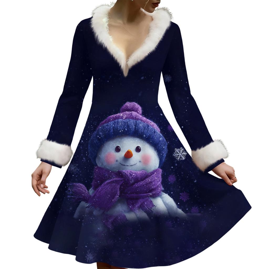 Женское повседневное платье с V-образным вырезом, рождественским принтом, плюшевыми длинными рукавами