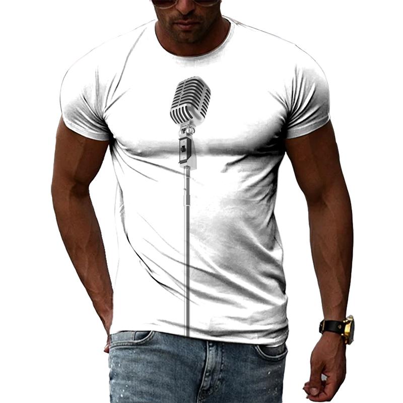 Summer Fashion Music Element Pattern T-shirt Hip-Hop Trend Microphone  Printing Tops Casual Novelty Men's Short Sleeved Clothing