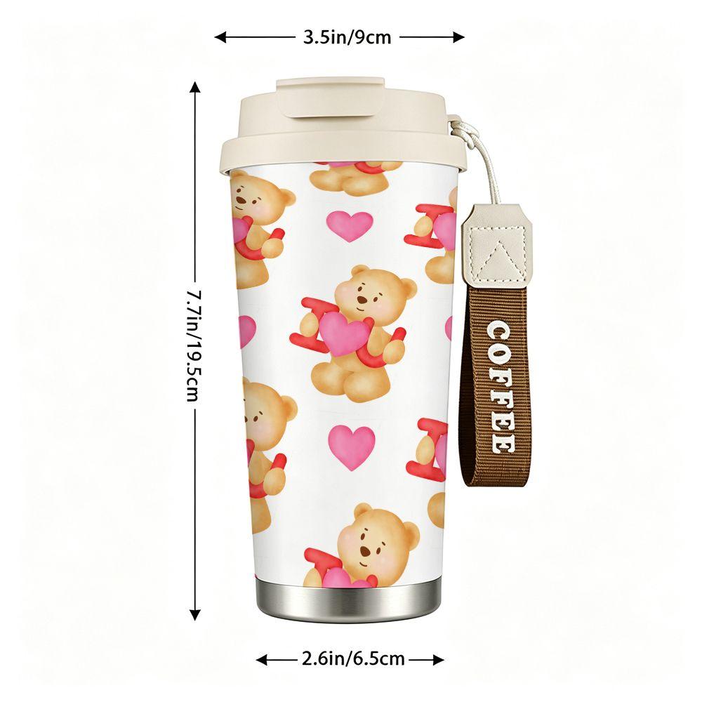Cute Teddy Bear Holding Heart Print Stainless Steel Insulated Coffee Tumbler Reusable Vacuum Thermal Cup for Travel Office Valentine Gift