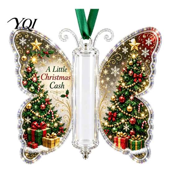 Acrylic Cash Display Christmas Gift Ornament, Butterfly Money Holder with Built?in Santa Claus Ornament Clear Compartment, Holiday Hanging for Tree,