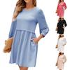 Women's Summer Round Neck 3/4 Sleeves Bubble Sleeves Tie Waist Loose And Flowing Dress